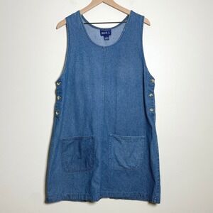 Blue J Vintage Denim Pinafore Jumper Dress Medium Wash Cotton L Side Buttons